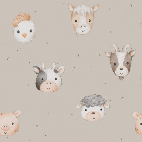 Raso di cotone con motivo di animali da fattoria su sfondo beige