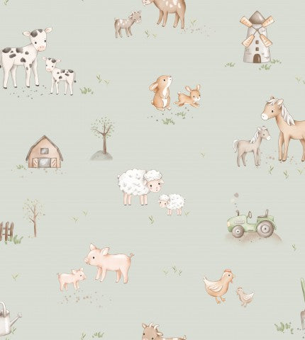 Waterproof fabric seamless wallpaper with farm animals and farm buildings