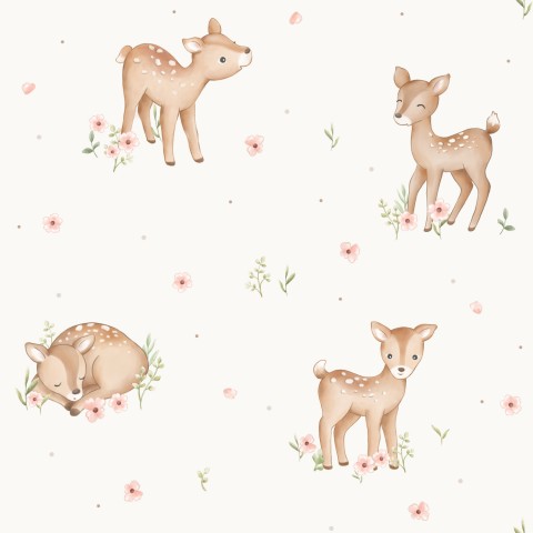 Muslin a white background with pink flowers and deer