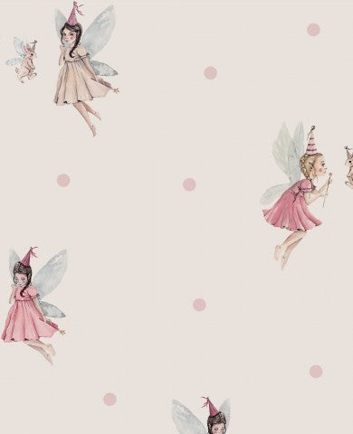 Satin cotton a pink fairy wallpaper with polka dots and fairies