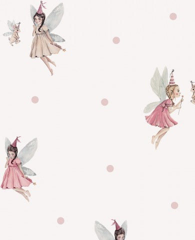 Jersey a white and pink dotted wallpaper with fairies