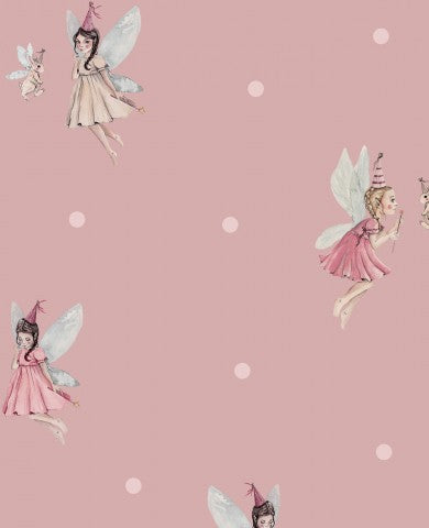 French Terry a pink fairy wallpaper with polka dots and fairies