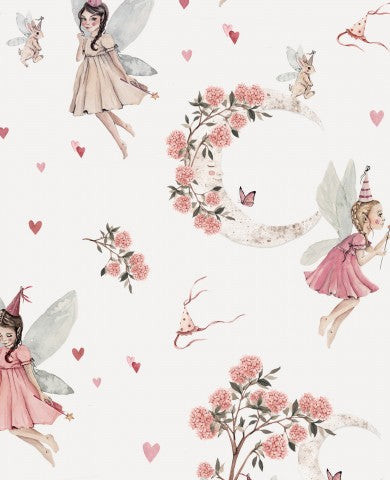 French Terry a pink fairy wallpaper with flowers and fairies