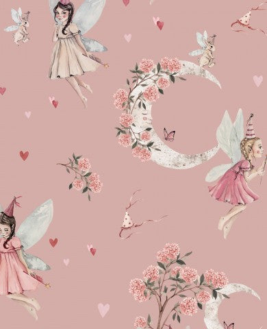 Waterdichte stof, roze feeënbehang met bloemen en feeën
