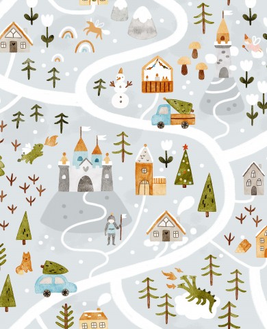 Muslin en illustration af et vinterlandskab med huse, træer og sne