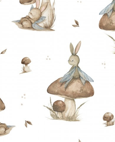 French Terry watercolor pattern with rabbits and mushrooms