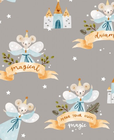 Muslin mouse and castle on a gray background