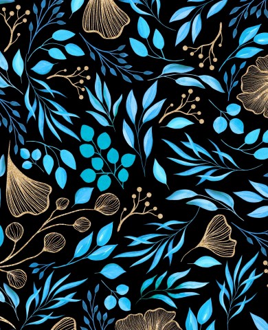 Waterproof fabric with a blue and gold floral pattern on a black background