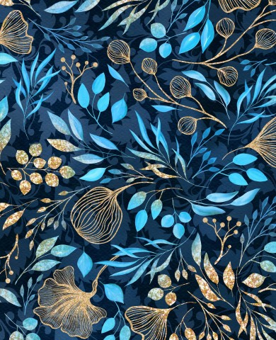 Weihnachtliches Festivgold und azurblaue Blätter auf Baumwolle - ideal für Weihnachtsprojekte und Geschenke: Baumwollcanvas mit metallischem Schimmer, ideal zu