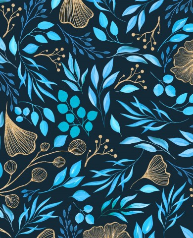 Tessuto impermeabile con motivo floreale blu e oro su sfondo nero