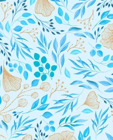 Musselin ein blau-goldenes Blumenmuster mit Blättern und Blüten