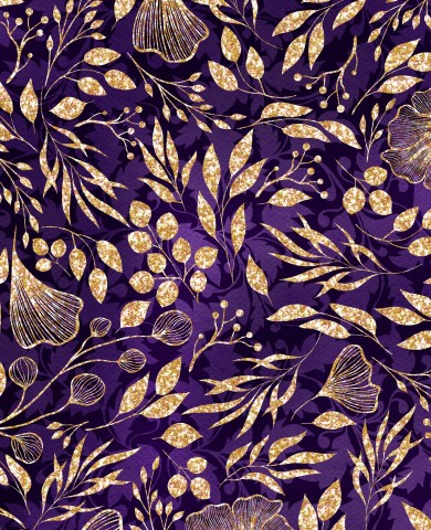 Oplev den festlige stemning med Canvas Cotton Festive Gold Leaves Purple - perfekt til dit næste projekt! Bomuldslærredsstof i iriserende