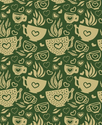 Jersey de canalé con estampado verde y dorado con tazas de té y platillos.