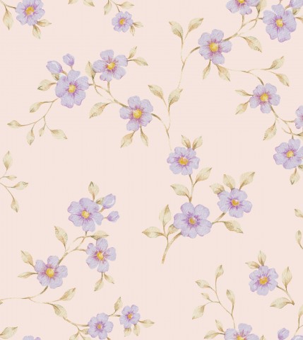 Satin cotton floral wallpaper with purple flowers on a light pink background
