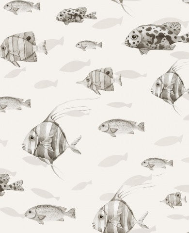 Jersey de canalé con estampado de peces en blanco y negro sobre fondo beige