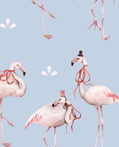 Waterproof fabric flamingos in various poses on a blue background