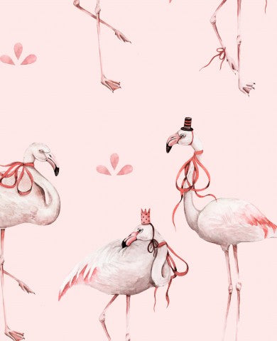 Waterdichte stof met een groep flamingo's in verschillende poses op een roze achtergrond