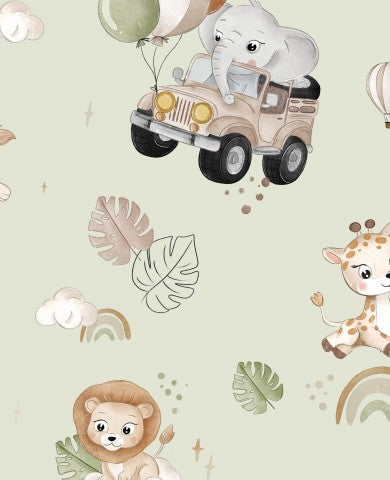 Panama en elefant, en giraf og andre dyr på en grøn baggrund