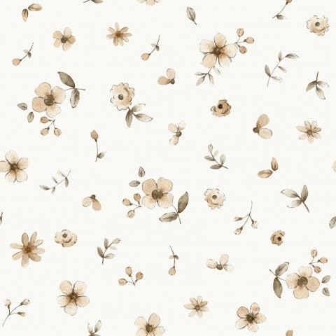 Satijnen katoen met een wit-beige bloemenbehangpatroon