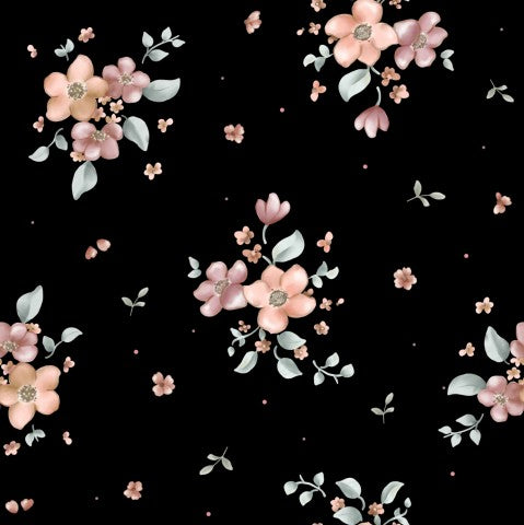 Tessuto impermeabile con motivo floreale nero e rosa su sfondo nero