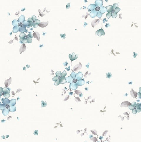 Bunte Blumen auf weißen Hintergrund - Canvas Baumwolle Floral Anya Teal OffWhite 12x12cm, ideal für Ihre nächste Näherei!