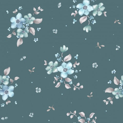 Musselin Blumenmuster mit blauen Blumen und Blättern