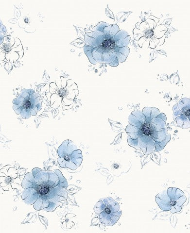 Blå blomster i satinbomuld på hvid baggrund