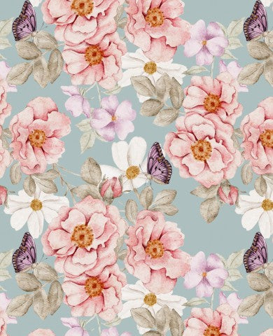 Mussola con motivo floreale con rose rosa e farfalle