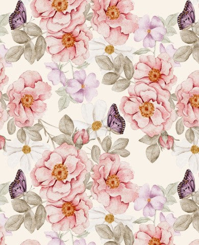 French Terry un motif floral avec des roses roses et des papillons