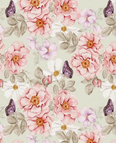 Mussola con motivo floreale con rose rosa e farfalle