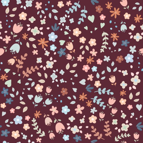 French Terry flowers and leaves on a burgundy background