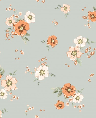 Satén de algodón con estampado floral naranja y blanco sobre fondo azul.