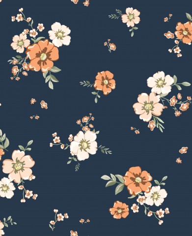 Canvas Baumwolle Floral Lori Orange Navy 20x20cm - Farbenfrohes Design auf natürlichem Baumwollcanvas, ideal für patchwork und freies Nähen, einzigartige Flora