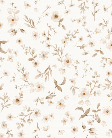 French Terry et hvidt og beige blomstertapetmønster