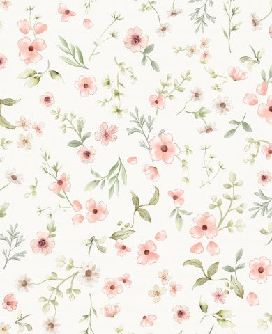 Rib jersey floral pattern with pink flowers and leaves