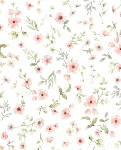 Rib Jersey Blumenmuster mit rosa Blumen auf weißem Hintergrund