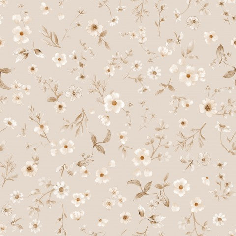 Satin bomuld et beige blomstertapet med hvide blomster