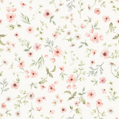 Fransk frotté blomstermønster med lyserøde blomster og blade