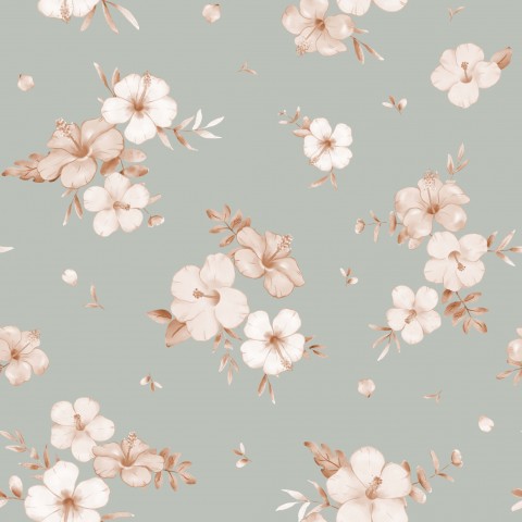 French Terry white flowers on green background