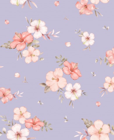 Rib Jersey Blumenmuster mit rosa Blumen auf violettem Hintergrund