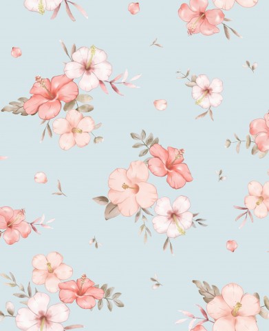 Panama Blumenmuster mit rosa Blumen auf blauem Hintergrund