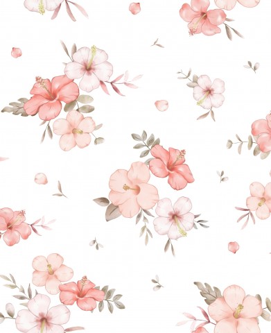 French Terry pink flowers on white background