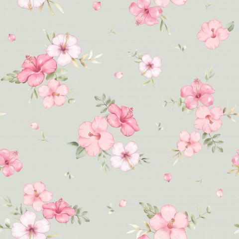 Motivo floreale in jersey con fiori rosa su sfondo verde