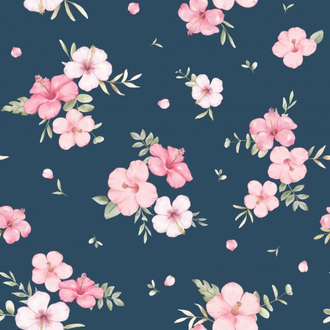Musselin Blumenmuster mit rosa Blumen auf blauem Hintergrund