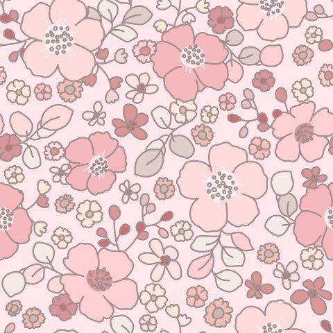 Rib Jersey pink flowers and leaves