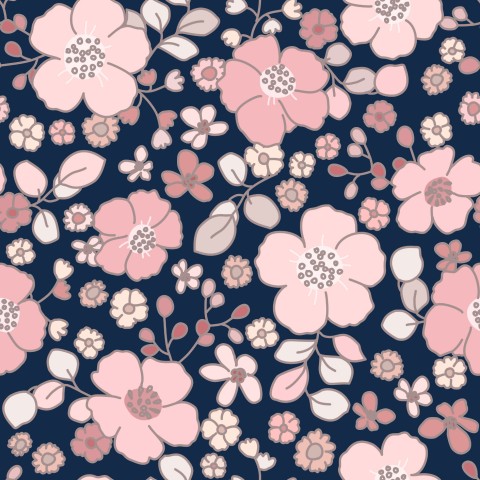 Muslin lyserøde og blå blomster på en marineblå baggrund