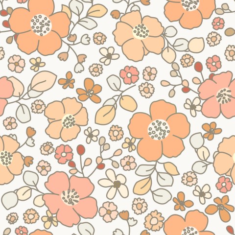 French Terry Blumenmuster mit orangefarbenen und pfirsichfarbenen Blüten