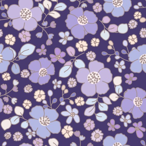 Satin cotton a floral pattern in the colors purple and blue