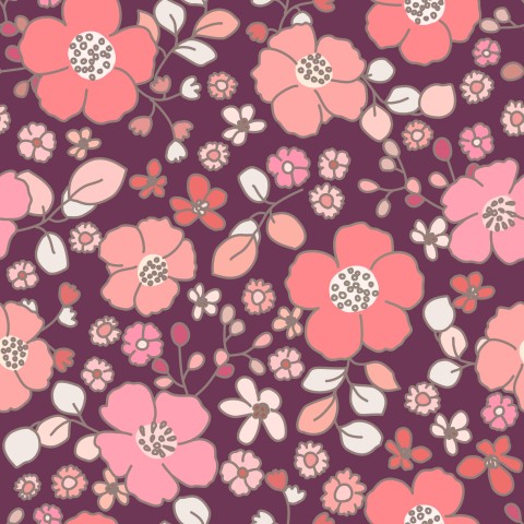 Satin cotton a pattern of pink flowers on a dark purple background