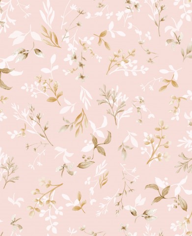 French Terry a pink and gold floral wallpaper with leaves